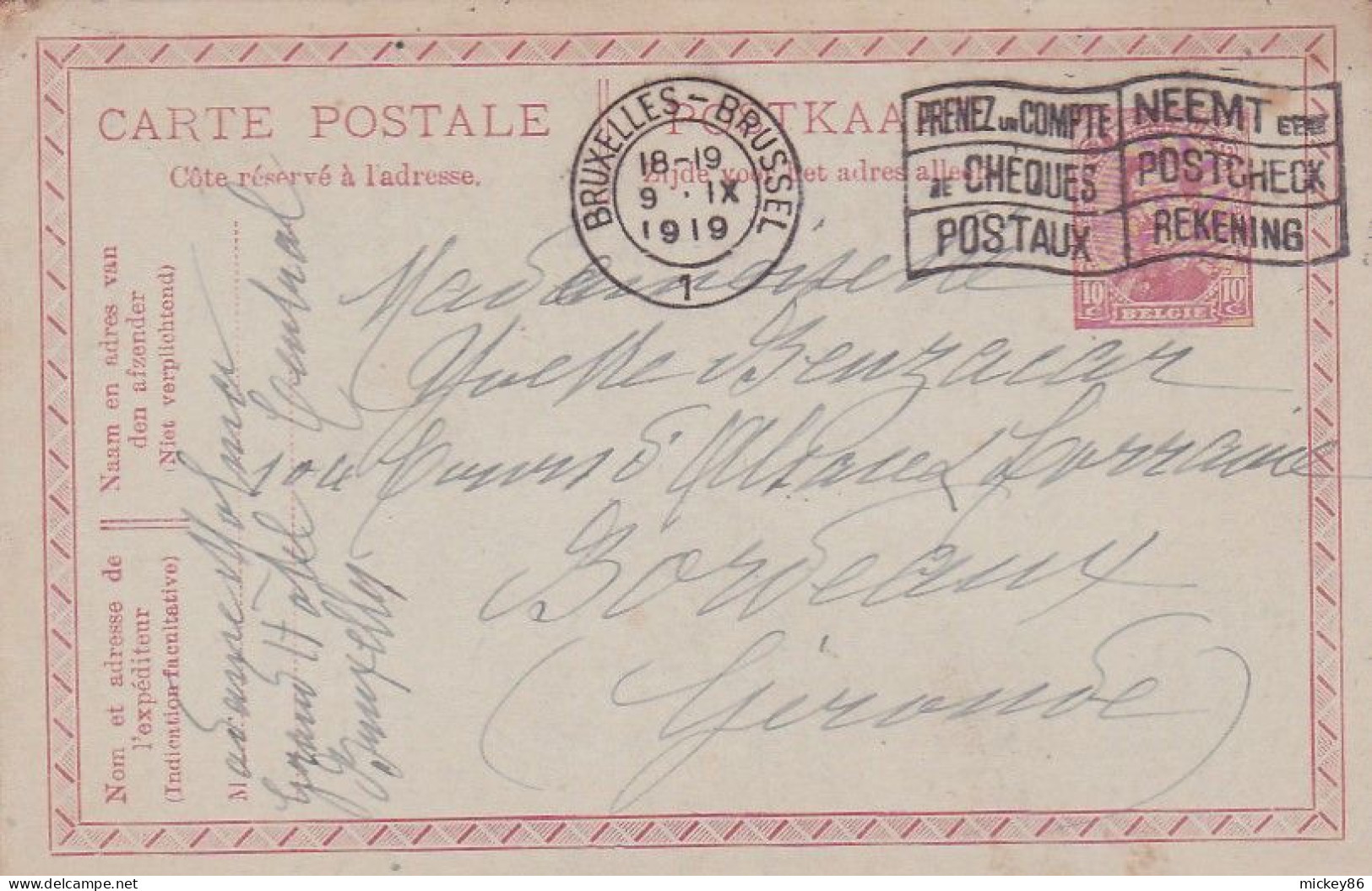 Belgique--1919--entier CP  De Bruxelles Pour Bordeaux-33 (Gironde)..beau Cachet Du  9-9-1919 - Cartes Postales 1909-1934