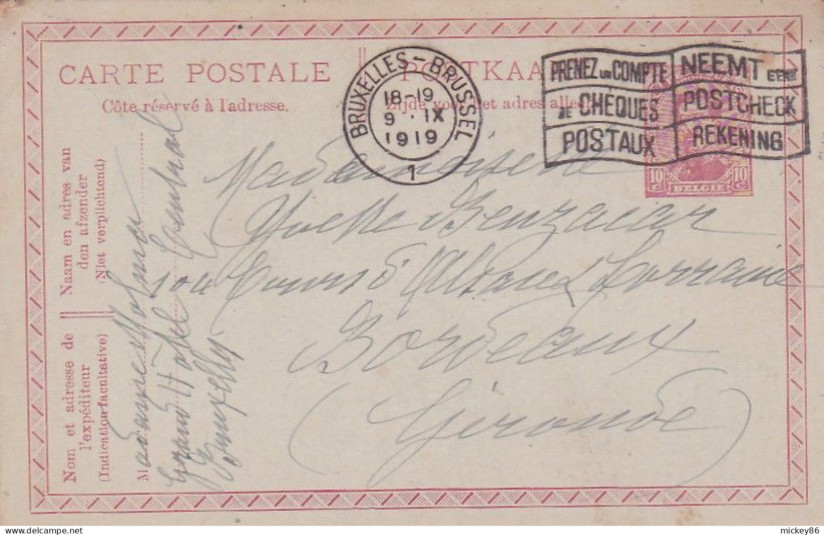 Belgique--1919--entier CP  De Bruxelles Pour Bordeaux-33 (Gironde)..beau Cachet Du  9-9-1919 - Tarjetas 1909-1934