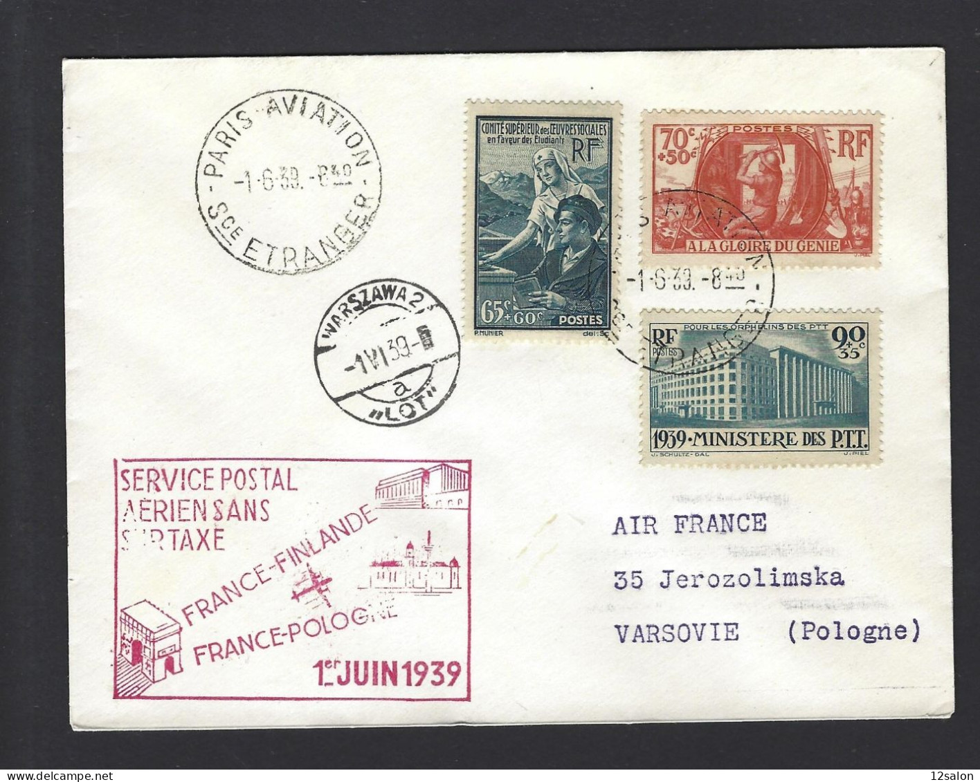 POSTE AÉRIENNE AVION AVIATION  1939 PARIS AVIATION POLOGNE - 1927-1959 Brieven & Documenten