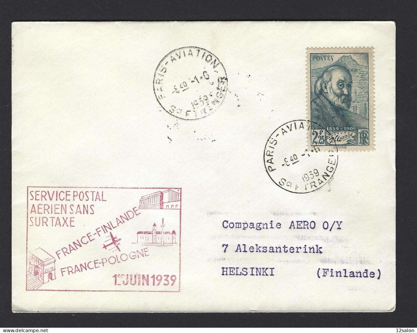 POSTE AÉRIENNE AVION AVIATION  1939 PARIS AVIATION POLOGNE - 1927-1959 Lettres & Documents