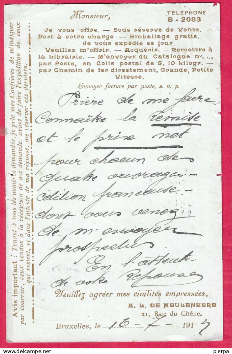 BELGIO - CEDOLA DI COMMISSIONE LIBRARIA DA BRUSSEL *16.VII 1914* - ANNULLO A 7 LINEE ONDULATE CON NUMERO E LETTERA "C" - Balkenstempel: Ausladungen