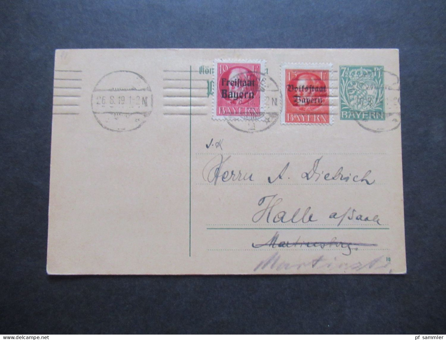 AD Bayern 1919 GA Mit Zusatzfrankatur Freistaat Bayern Und Volksstaat Bayern Maschinenstempel München - Halle Saale - Postal  Stationery