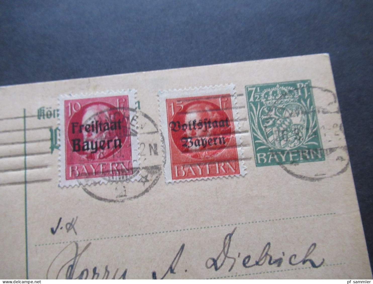 AD Bayern 1919 GA Mit Zusatzfrankatur Freistaat Bayern Und Volksstaat Bayern Maschinenstempel München - Halle Saale - Postal  Stationery