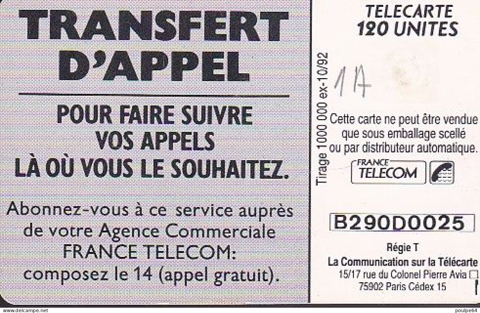 F276a - 10/1992 - TRANSFERT D'APPEL " Plage " - 120 GEM - 1992