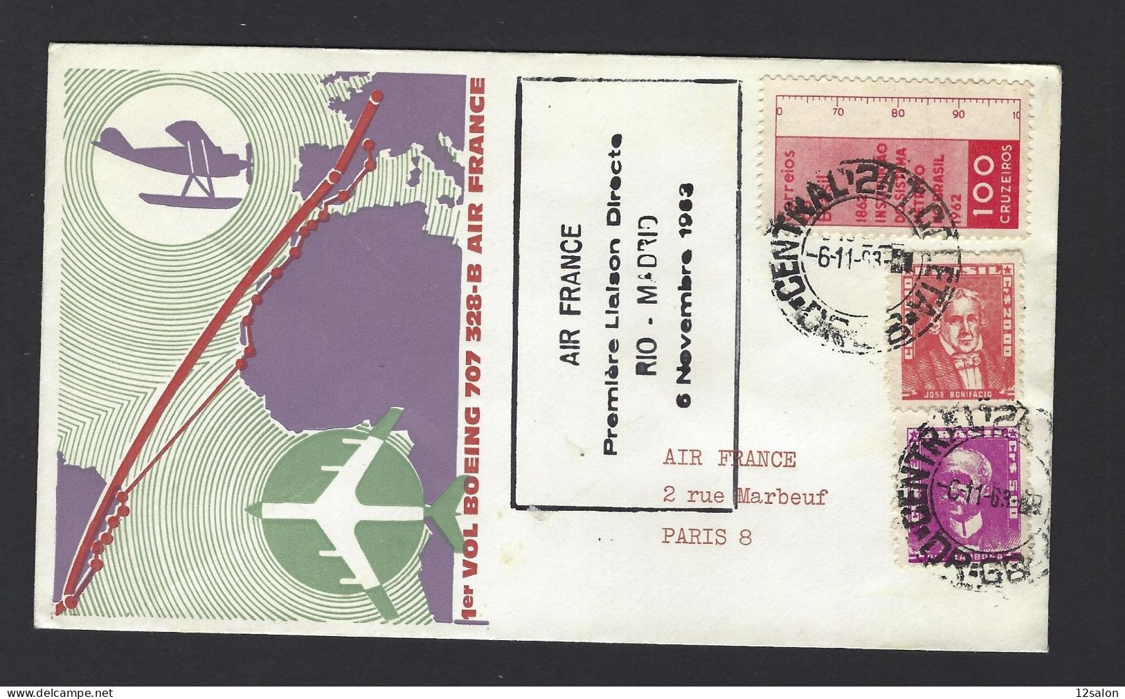 POSTE AÉRIENNE AVION AVIATION  1963 RIO MADRID 1ère LIAISON - 1960-.... Covers & Documents