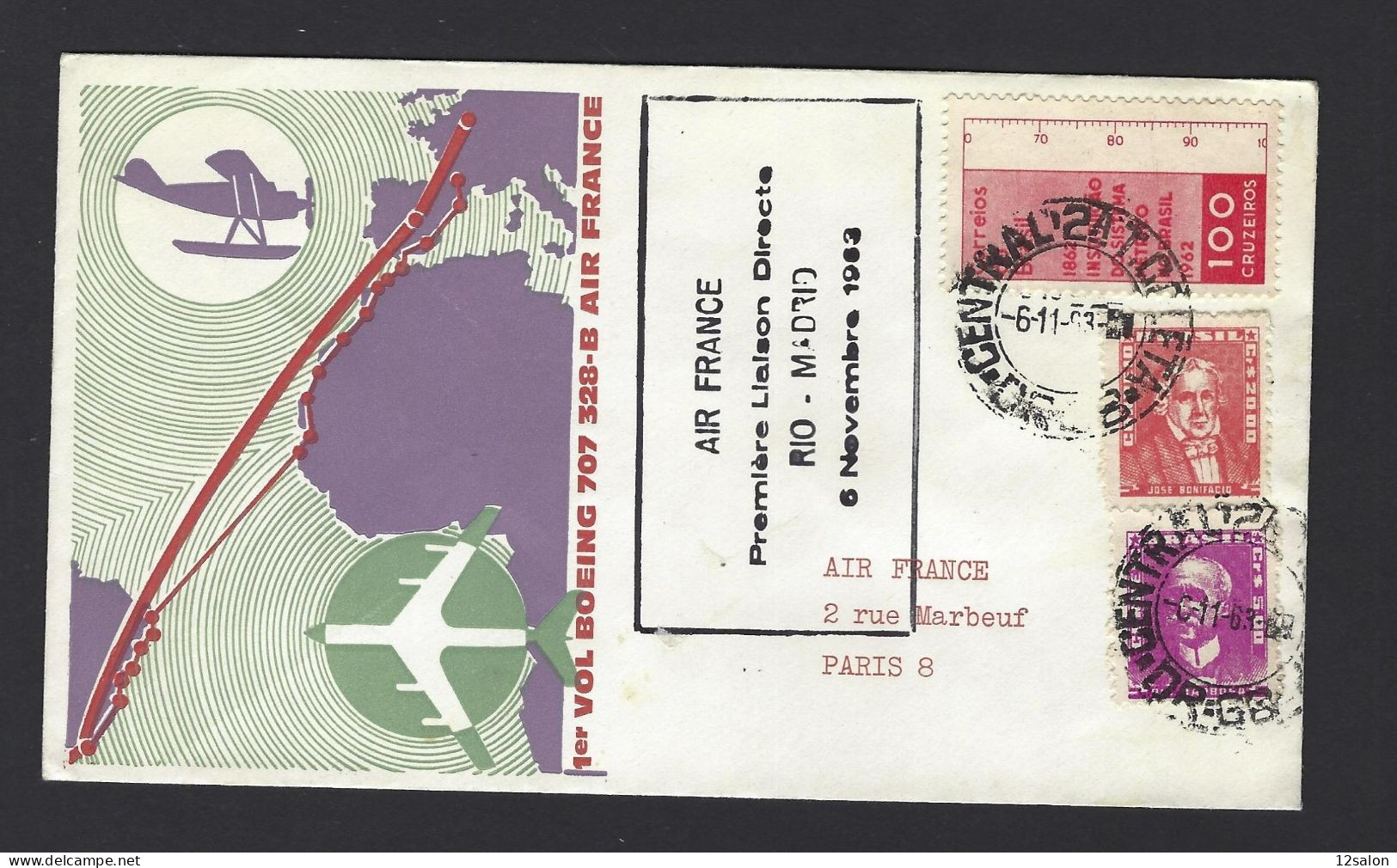 POSTE AÉRIENNE AVION AVIATION  1963 RIO MADRID 1ère LIAISON - 1960-.... Storia Postale