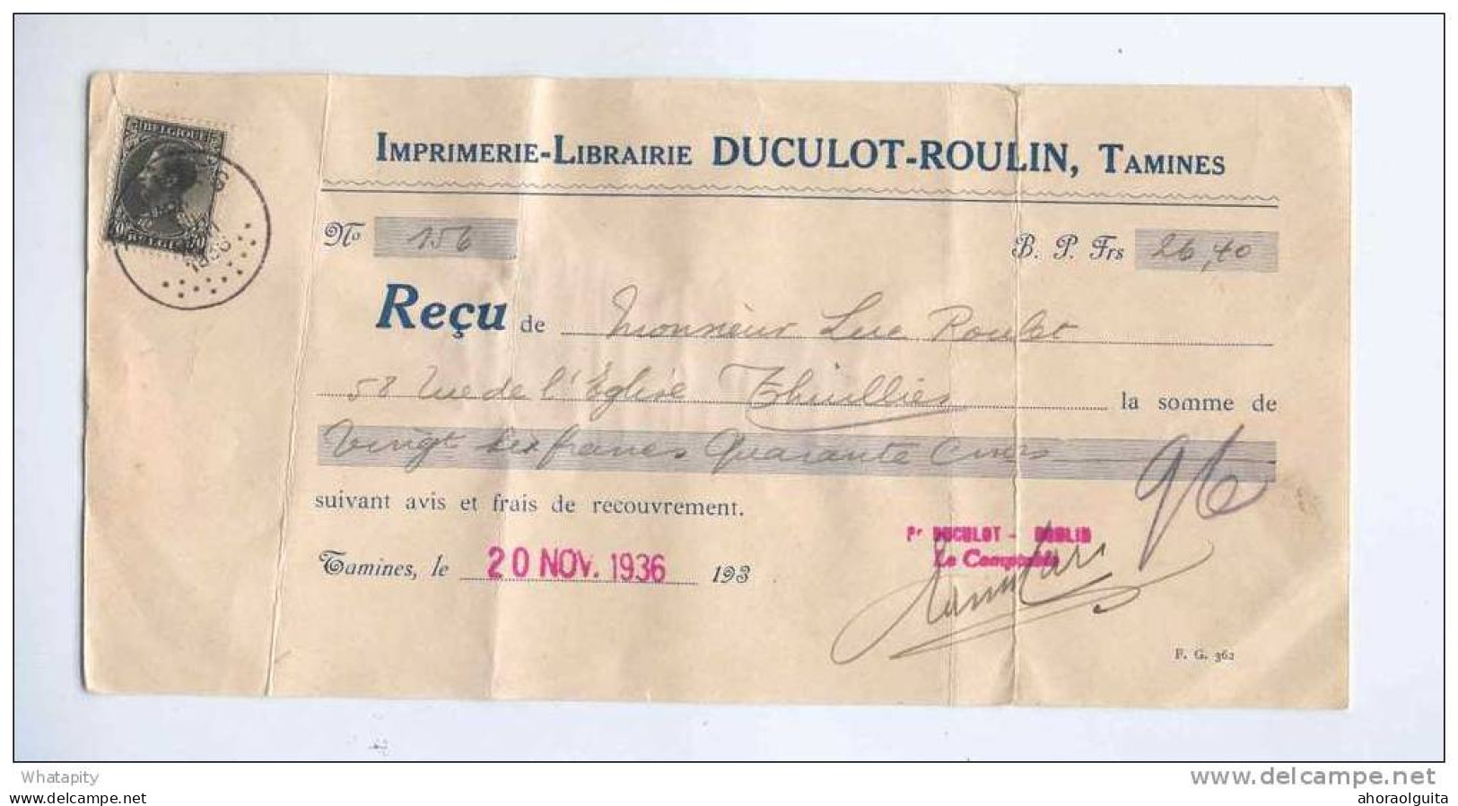 Reçu TP 401 TAMINES 1936 Vers THUILLIES - Entete Imprimerie-Librairie Duculot  --  B4/346 - 1934-1935 Leopold III