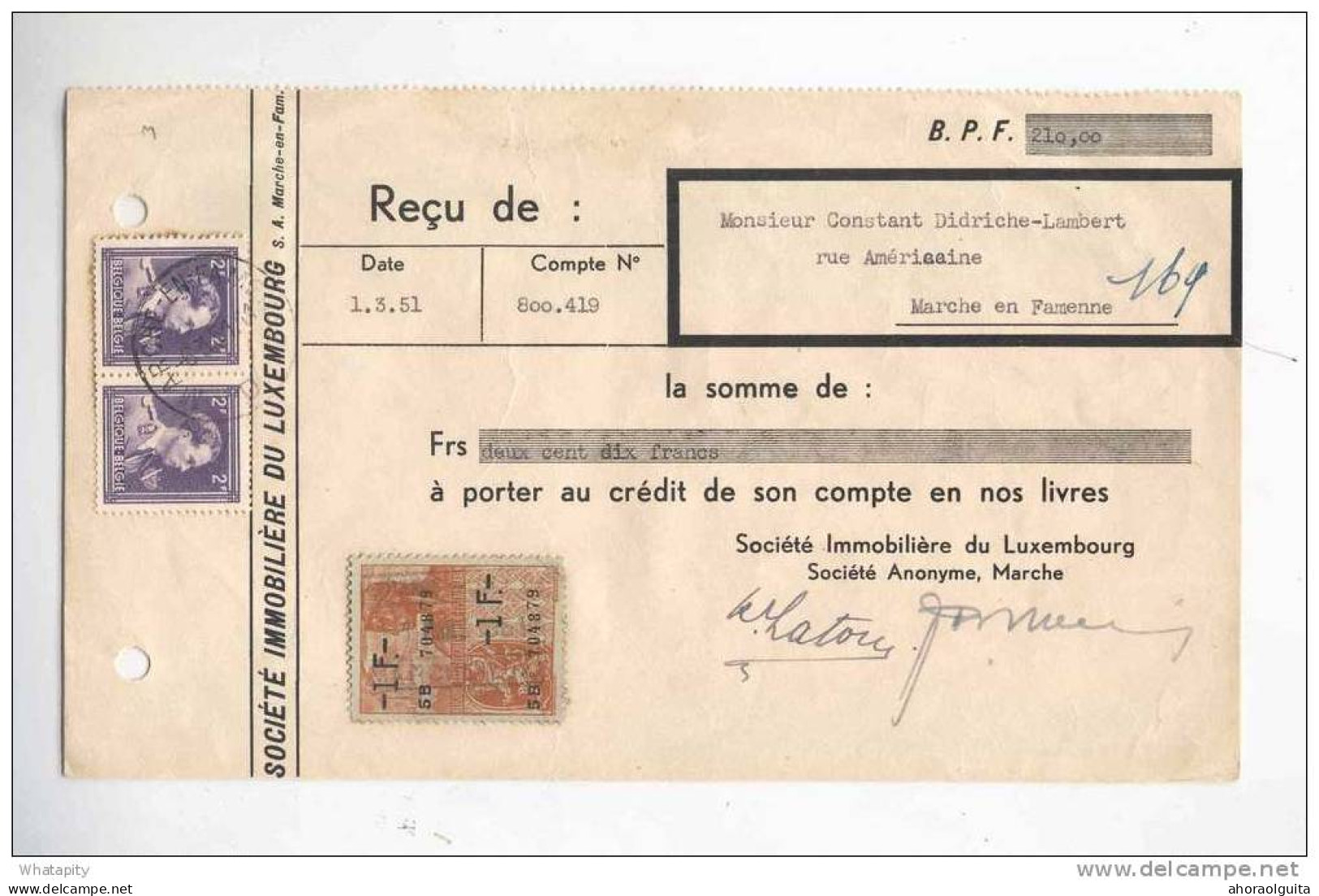 Reçu TP Col Ouvert MARCHE EN FAMENNE 1950 En Local - Entete Société Immobilière Du Luxembourg  --  B4/347 - 1936-1957 Open Kraag