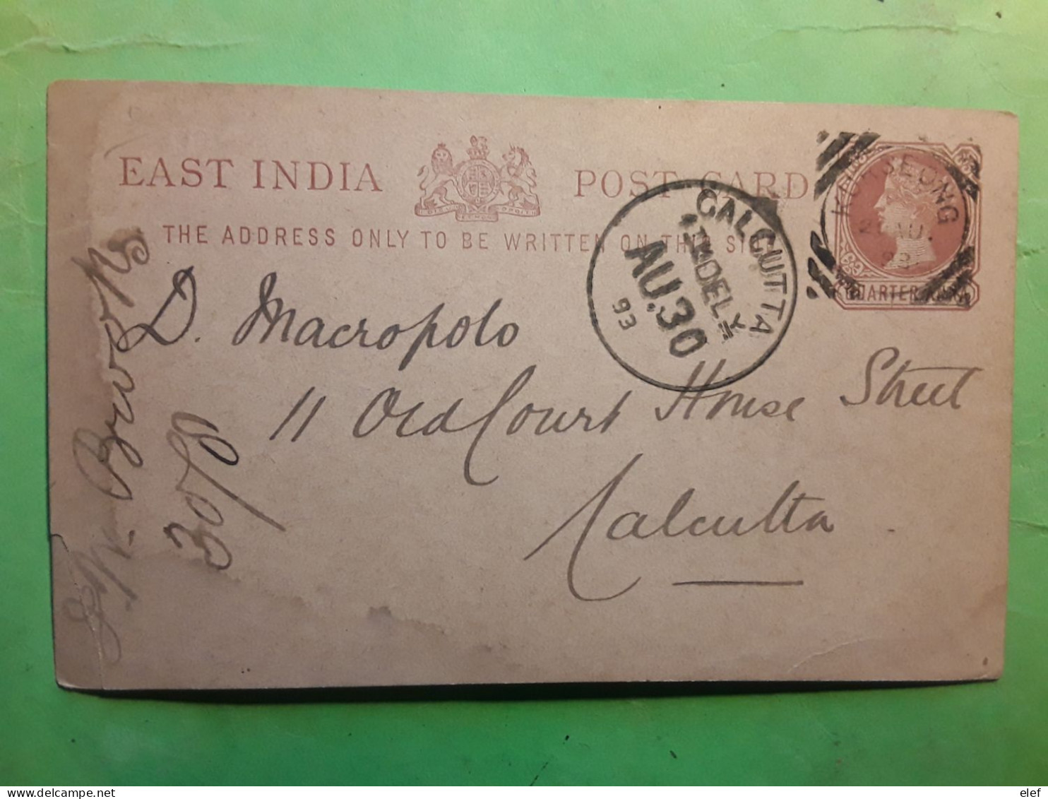 East INDIA Stationnery  Queen Victoria Quarter Anna Postcard O KURSEONG , WATERBURY WATCH Catalogue  , 1893 > CALCUTTA - 1882-1901 Keizerrijk