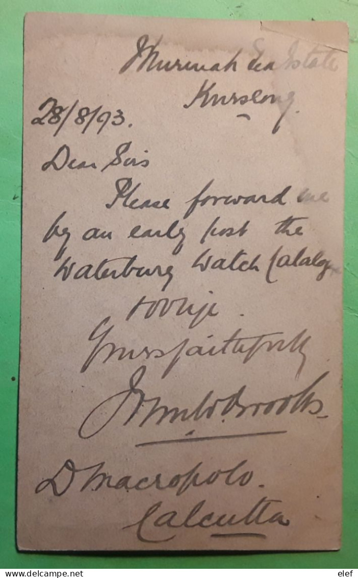 East INDIA Stationnery  Queen Victoria Quarter Anna Postcard O KURSEONG , WATERBURY WATCH Catalogue  , 1893 > CALCUTTA - 1882-1901 Empire