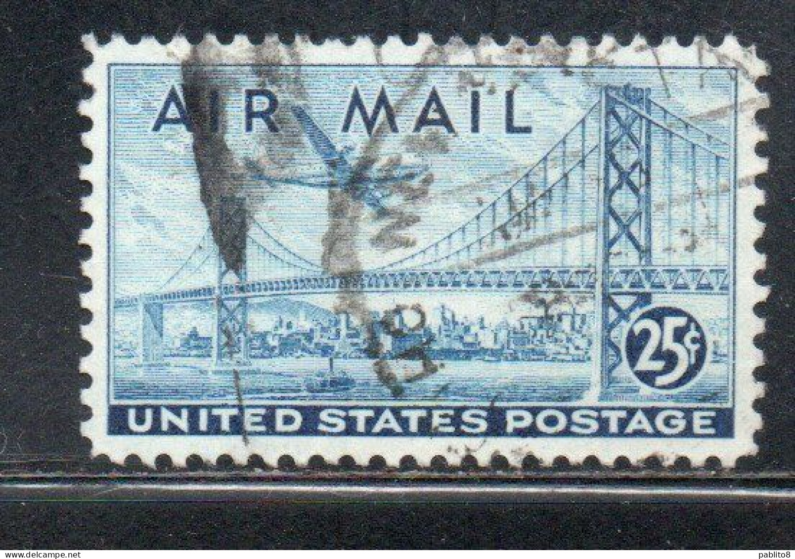 USA STATI UNITI 1947 AIR MAIL POSTA AEREA PLANE OVER SAN FRANCISCO-OAKLAND BAY BRIDGE CENT 25c USED USATO OBLITERE' - 2a. 1941-1960 Afgestempeld
