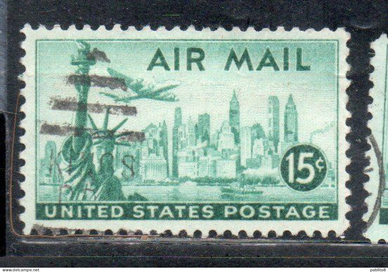 USA STATI UNITI 1947 AIR MAIL POSTA AEREA STATUE OF LIBERTY NEW YORK SKYLINE LIBERTÀ CENT 15c USED USATO OBLITERE' - 2a. 1941-1960 Afgestempeld