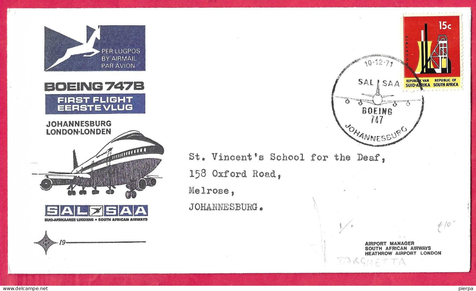 SUD AFRICA - FIRST FLIGHT SAL/SAA WITH B. 747B FROM JOHANNESBURG TO LONDON *10.12.71* ON OFFICIAL COVER - Luchtpost