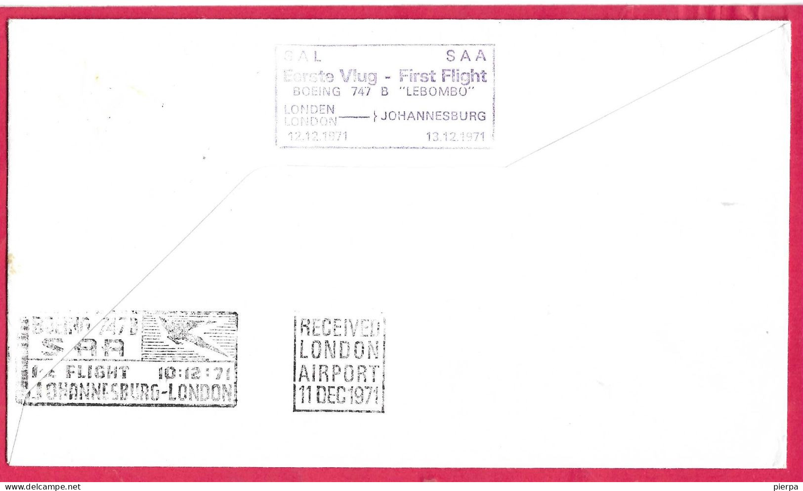 SUD AFRICA - FIRST FLIGHT SAL/SAA WITH B. 747B FROM JOHANNESBURG TO LONDON *10.12.71* ON OFFICIAL COVER - Poste Aérienne