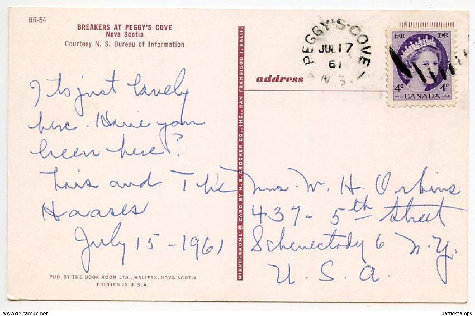 Canada 1961 Postcard Peggy's Cove, Nova Scotia - Breakers; Scott 340 - 4c. QEII - Other & Unclassified