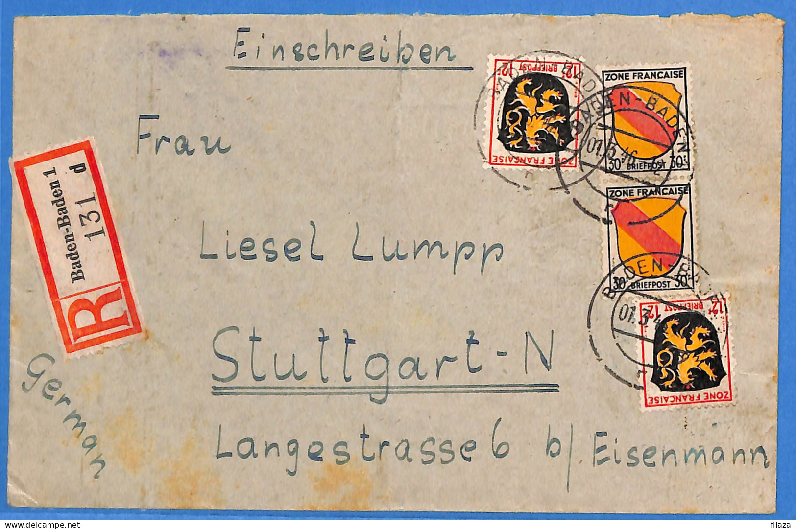 Allemagne Zone Française - 1946 - Lettre Einschreiben De Baden Baden - G24440 - Algemene Uitgaven