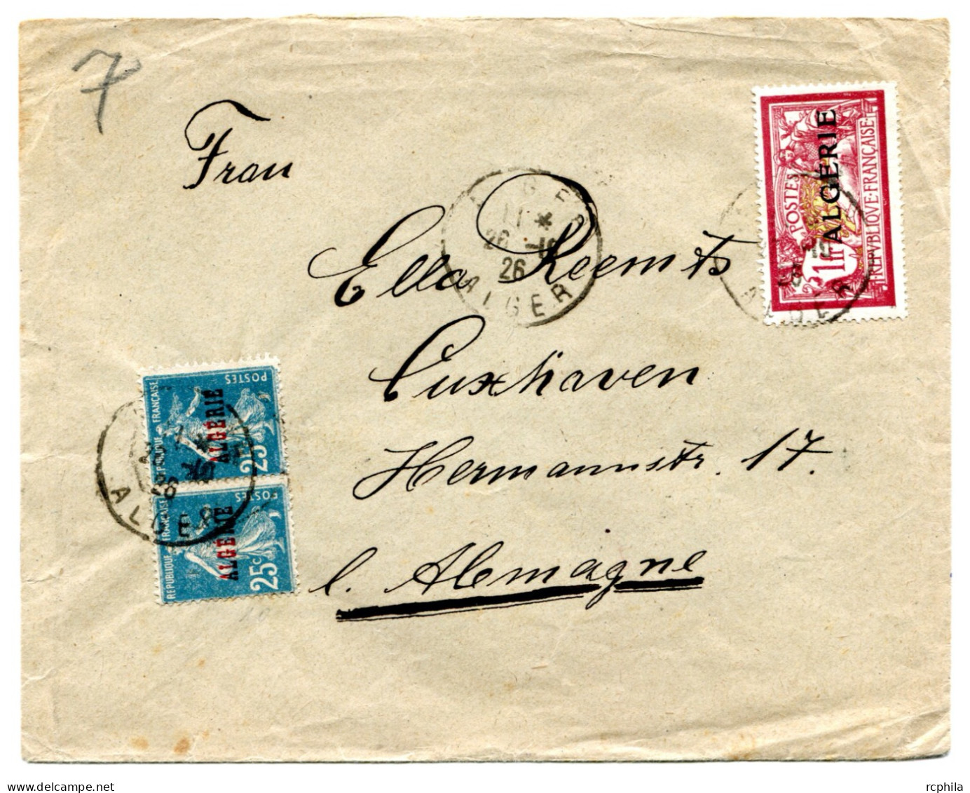 RC 26135 ALGERIE 1926 MERSON + SEMEUSE SUR LETTRE D' ALGER POUR L'ALLEMAGNE - Cartas & Documentos