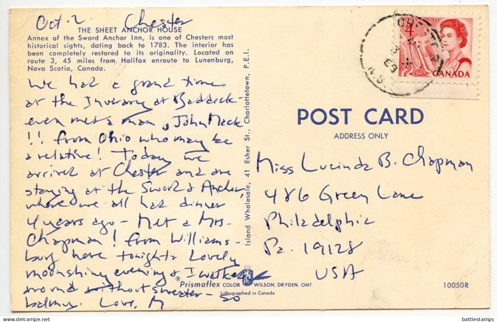 Canada 1968 Postcard Chester, Nova Scotia - Sheet Anchor House; Scott 457 - 4c. QEII - Andere & Zonder Classificatie