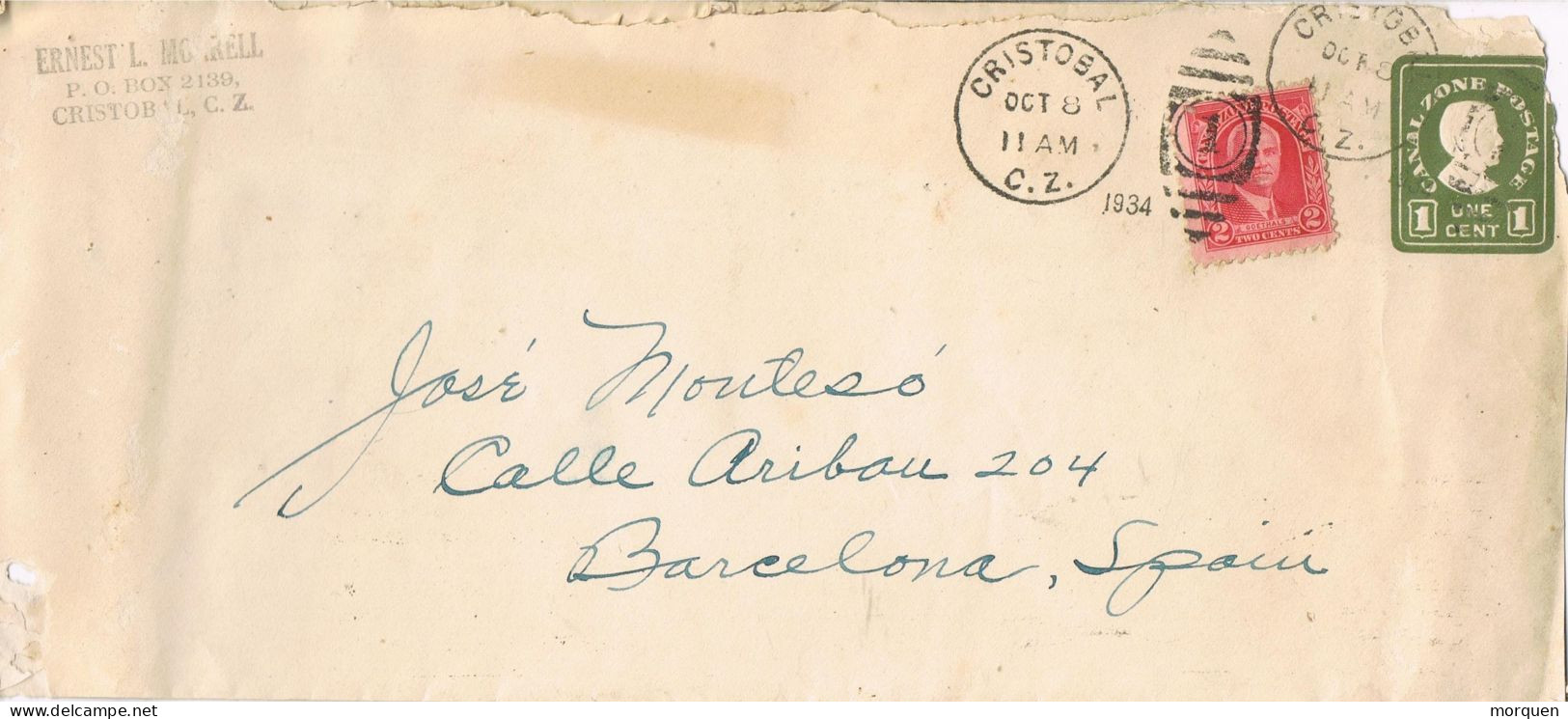 52330. Entero Postal Aereo CRISTOBAL ( Zona Canal) USA 1934. Gride 1 To Spain - 1921-40