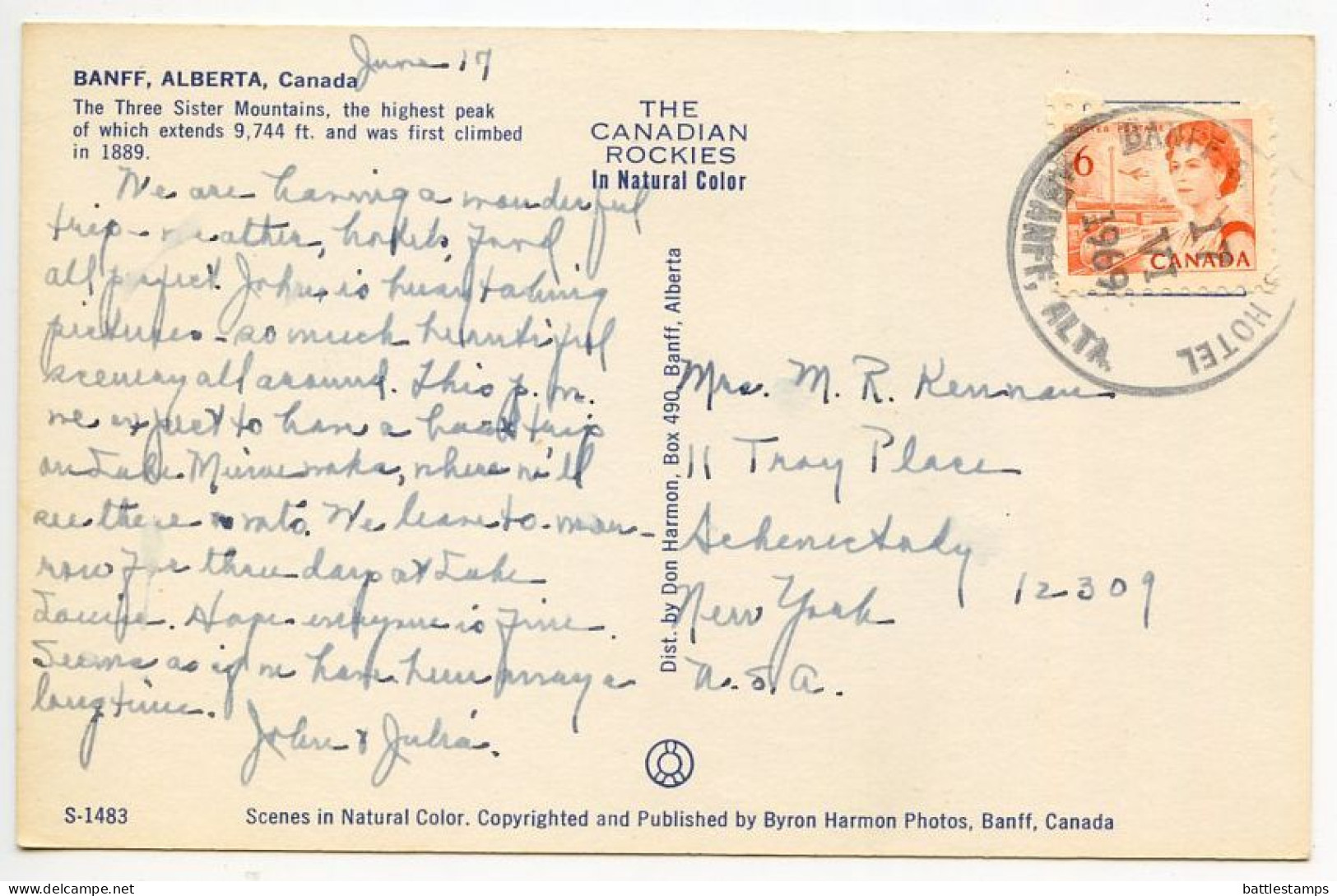 Canada 1969 Postcard Banff, Alberta - Three Sister Mountains; Scott 459 - 6c. QEII - Banff