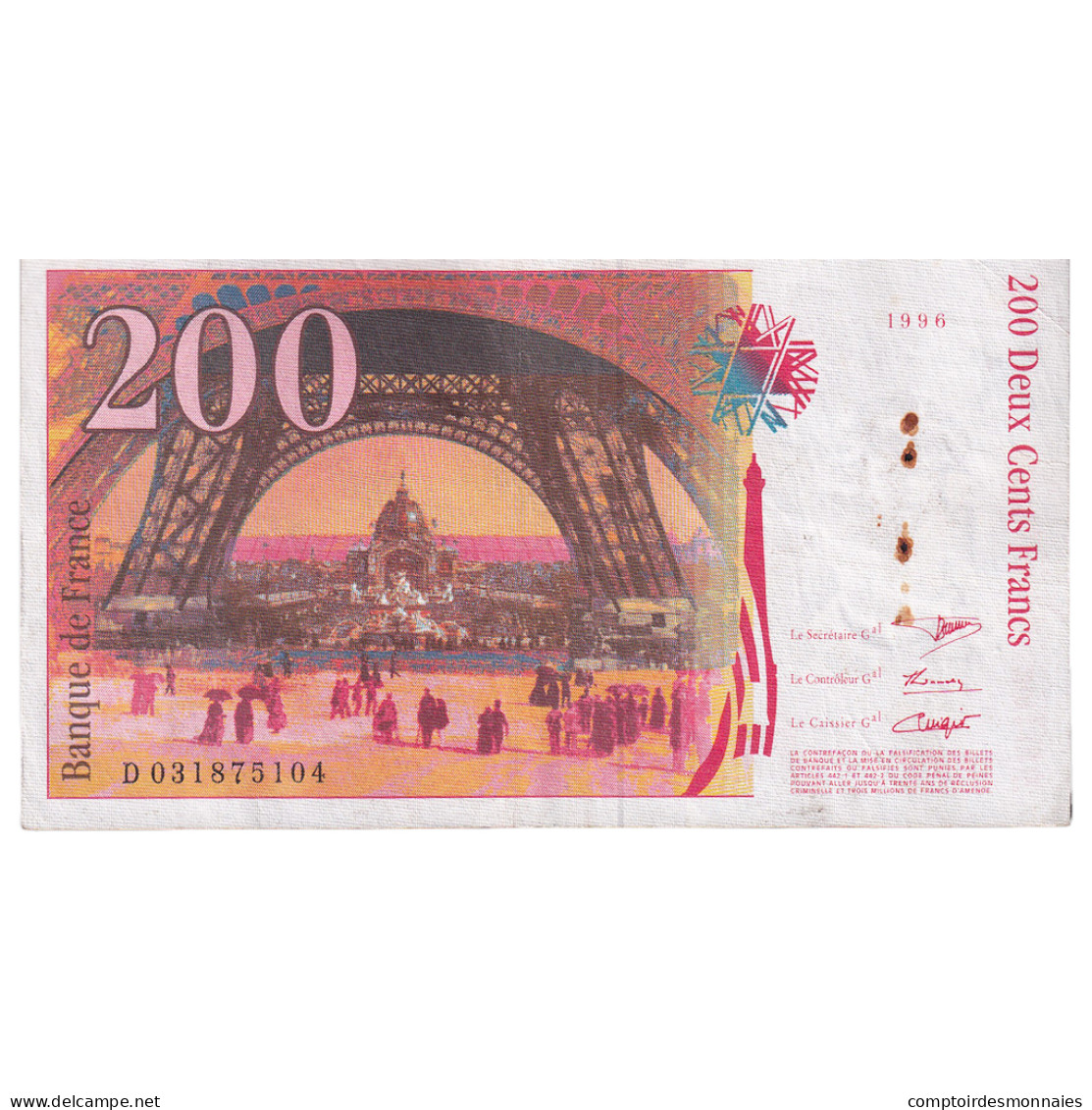 France, 200 Francs, Eiffel, 1996, D031875104, TTB, Fayette:75.2, KM:159a - 200 F 1995-1999 ''Eiffel''