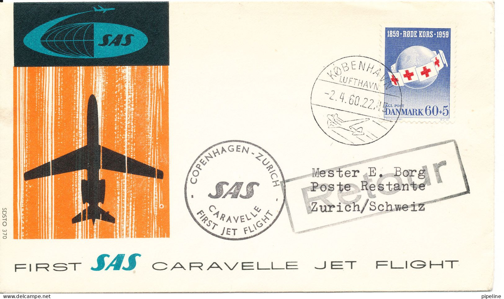 Denmark First SAS Caravelle Jet Flight Copenhagen - Zurich 2-4-1960 - Covers & Documents