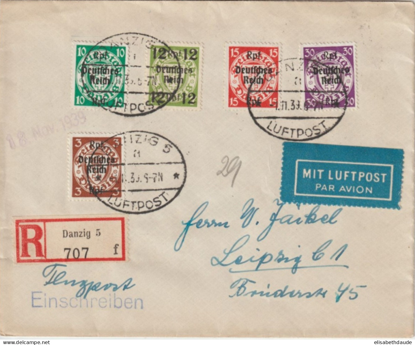 DANZIG - 1939 - ENVELOPPE LUFTPOST RECOMMANDEE => LEIPZIG - Covers & Documents