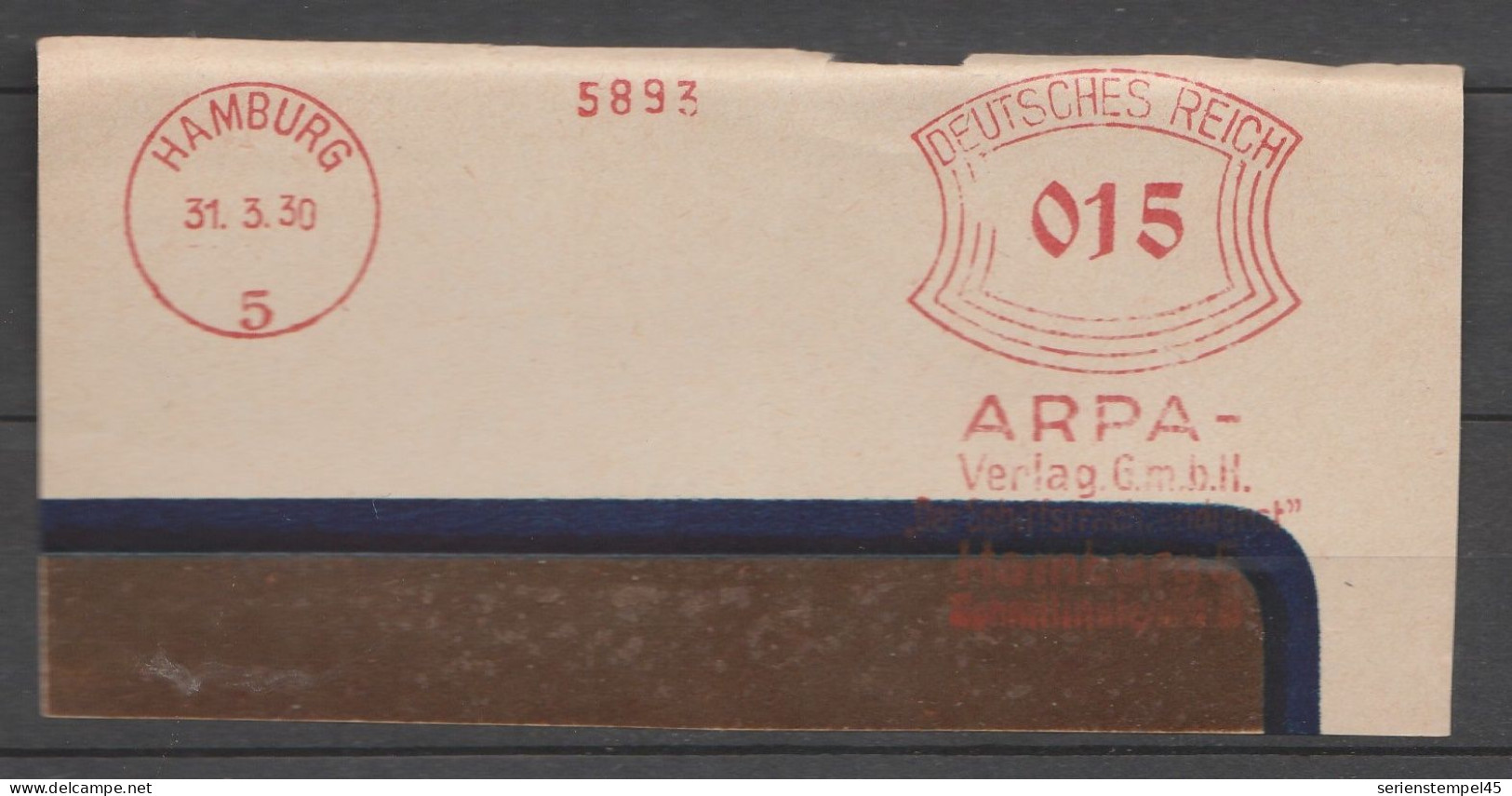 Deutsches Reich Briefstück Mit Freistempel Hamburg 1930 ARPA Verlag - Machines à Affranchir