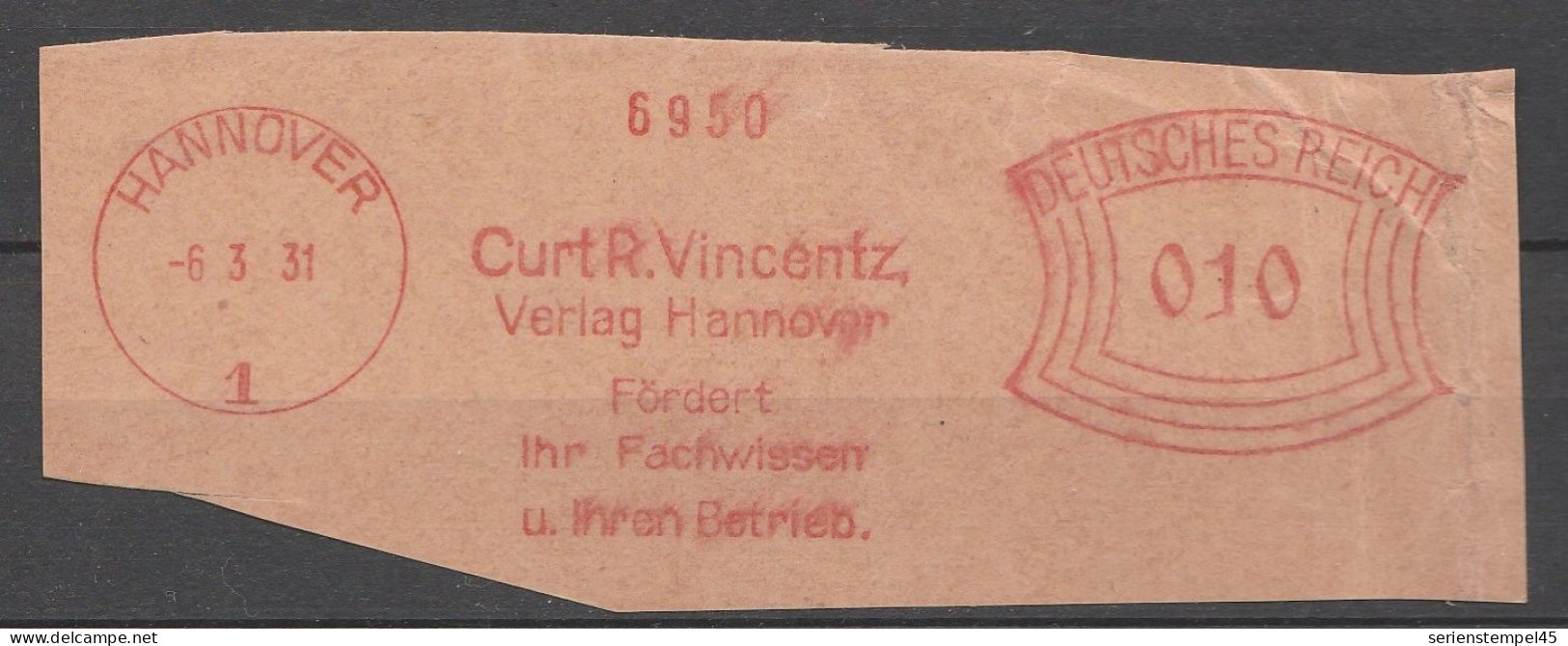 Deutsches Reich Briefstück Mit Freistempel Hannover 1931 Curt R Vincentz Verlag - Machines à Affranchir