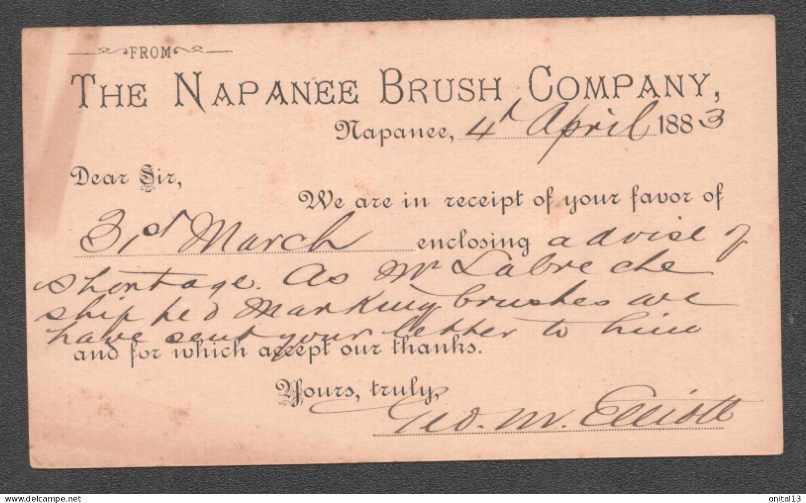 1883 ENTIER POSTAL THE NAPANEE BRUSH COMPANY  NAPANCE    D2661 - 1860-1899 Reinado De Victoria