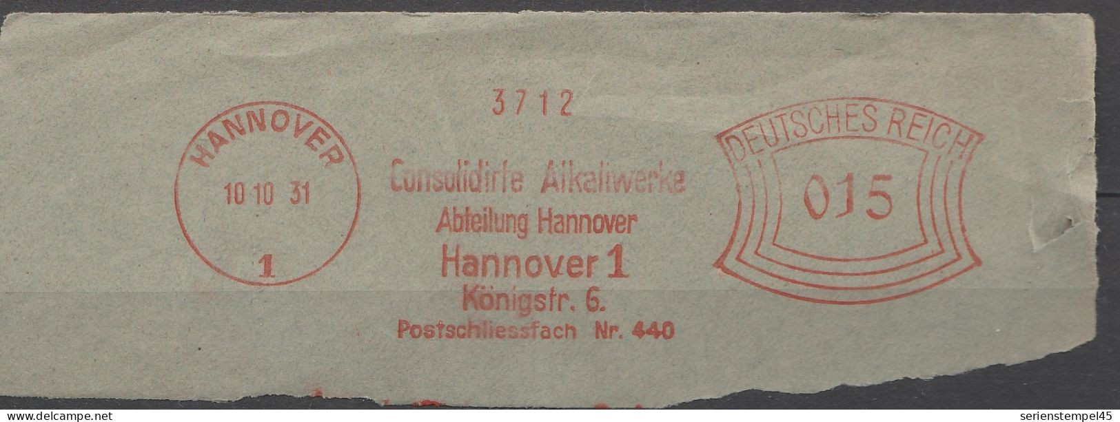 Deutsches Reich Briefstück Mit Freistempel Hannover 1931 Consolidirte Alkaliwerke - Machines à Affranchir