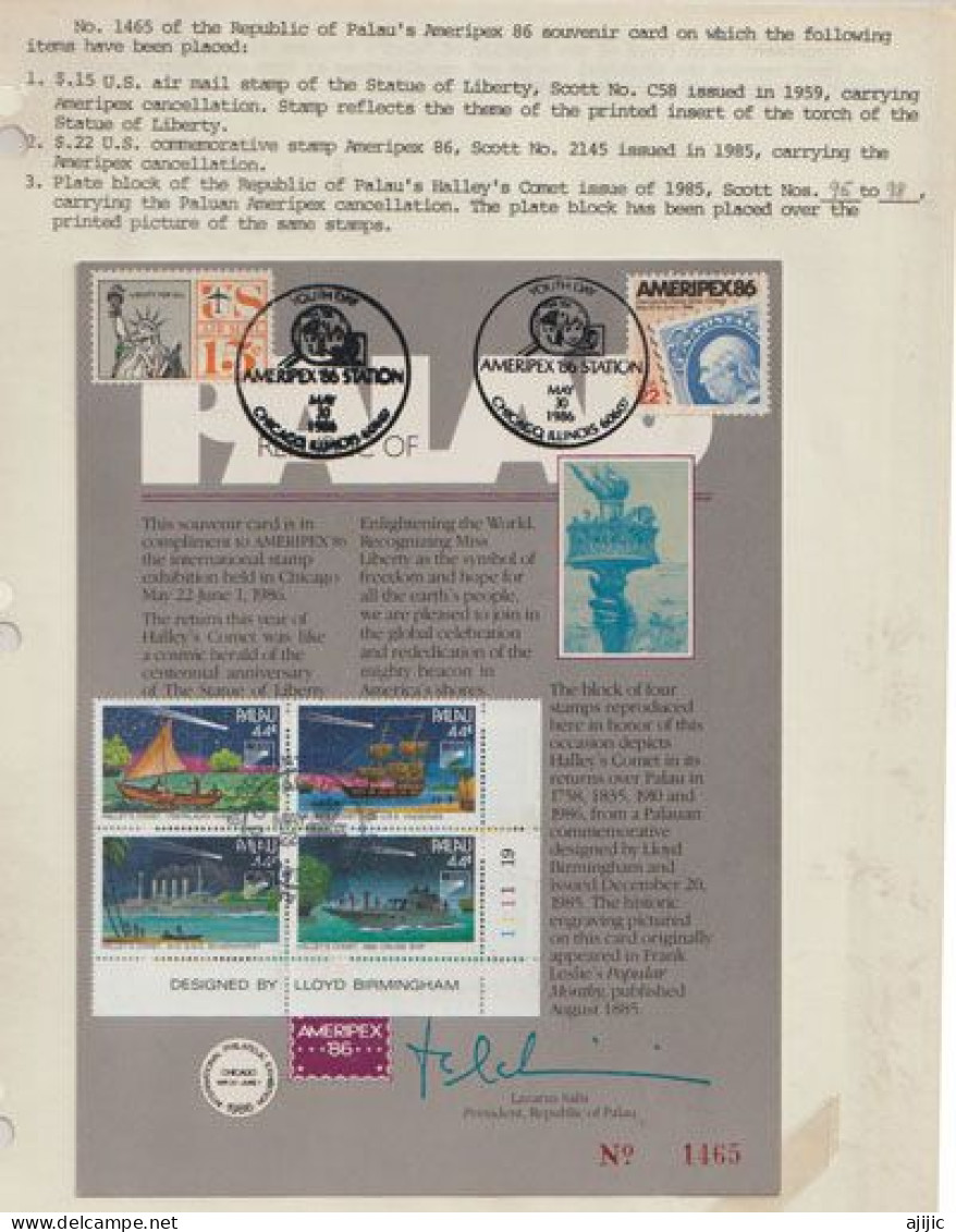 PALAU ISLAND.  Plate Block Halley's Comet (canceled Palau Island) + Ameripex Issue (Canceled Chicago) Document - Oceania