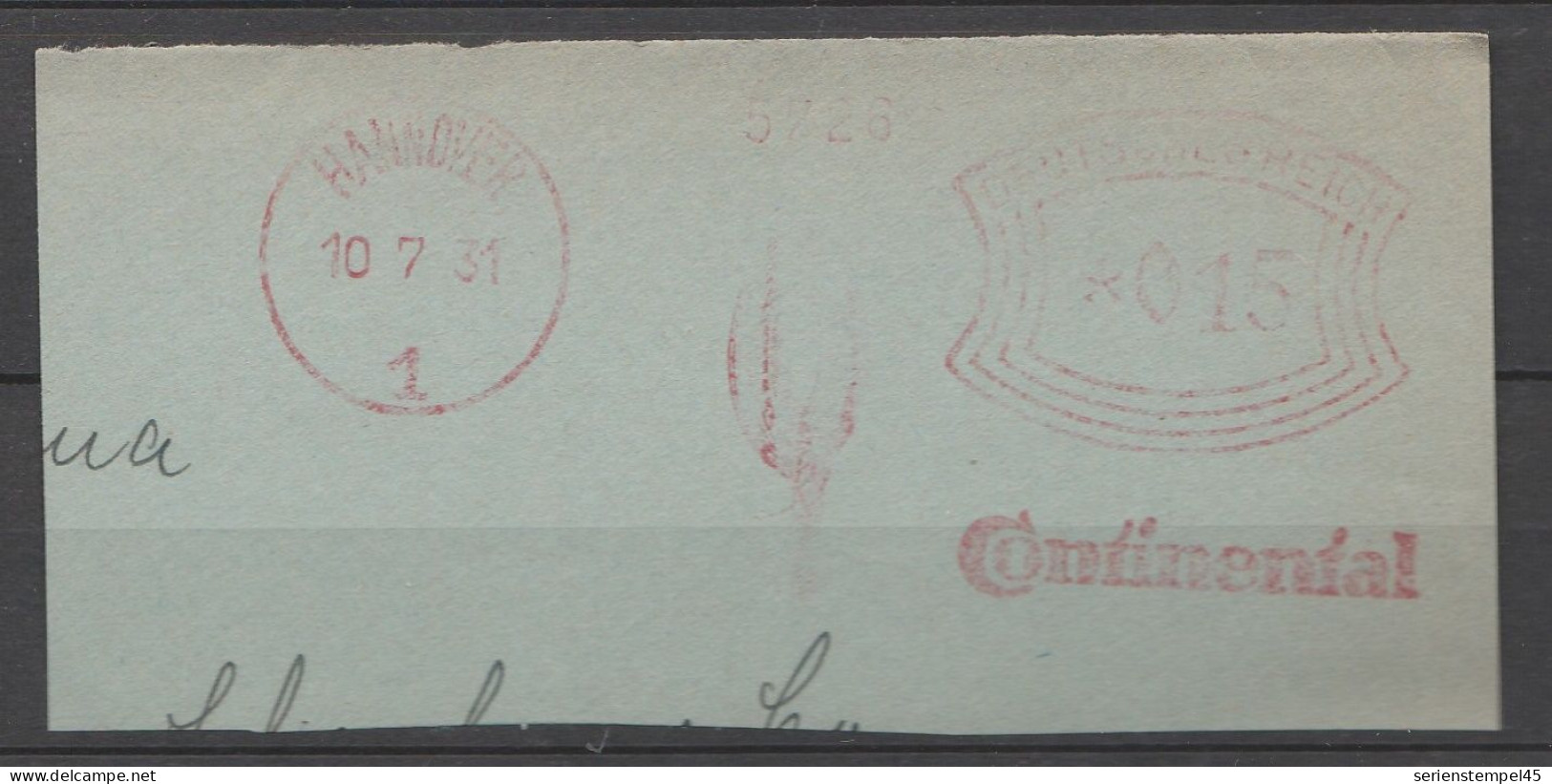 Deutsches Reich Briefstück Mit Freistempel Hannover 1931 Continental - Macchine Per Obliterare
