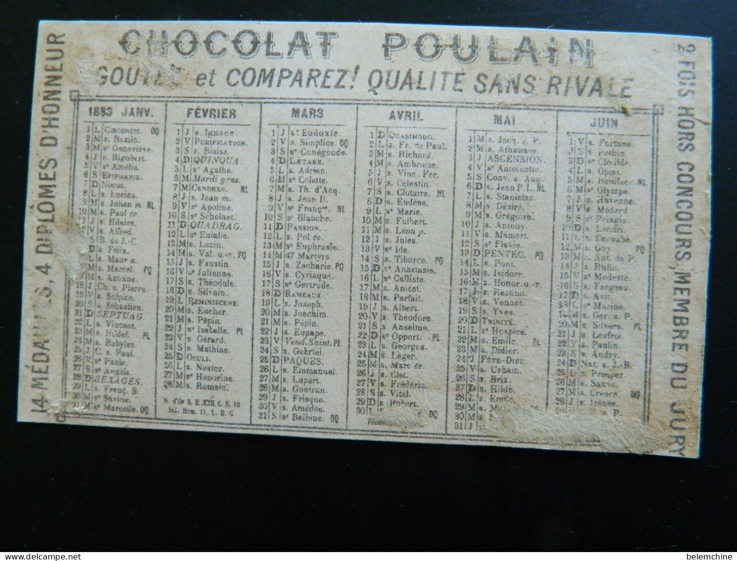 CHROMO  CHOCOLAT POULAIN    CHANT DU CAVALIER      AU DOS CALENDRIER DE 1883  (10,5 X 6,5 Cms) - Small : ...-1900