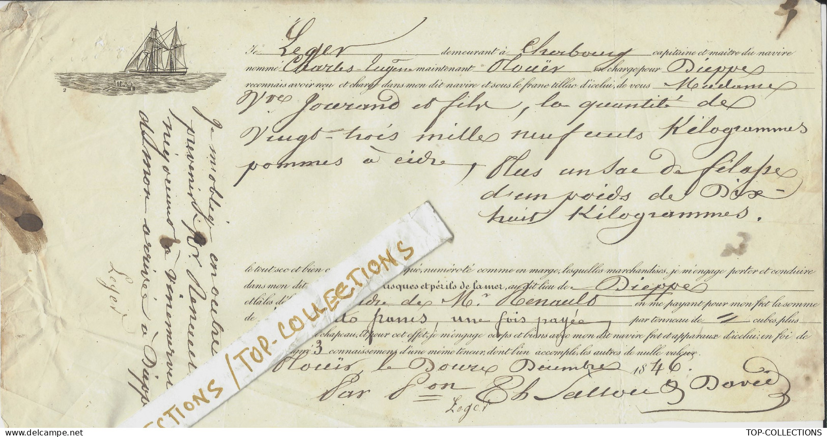 NAVIGATION 1846 CONNAISSEMENT BILL OF LADING NAVIRE CHARLES EUGENE  Allant De Plouer Sur Rance Cotes D’Armor > Dieppe - 1800 – 1899