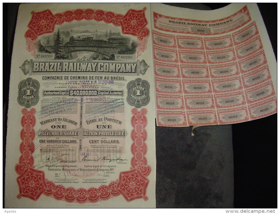 Action Privilégiée " Brazil Railway Cy " Sao Paulo Brésil 1909 Capital $40000000 Reste Des  Coupons - Chemin De Fer & Tramway