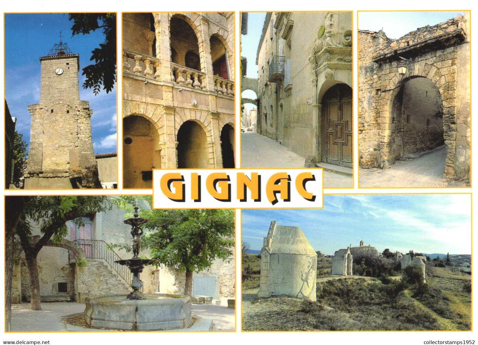 GIGNAC, MULTIPLE VIEWS, TOWER WITH CLOCK, ARCHITECTURE, FOUNTAIN, FRANCE - Gignac