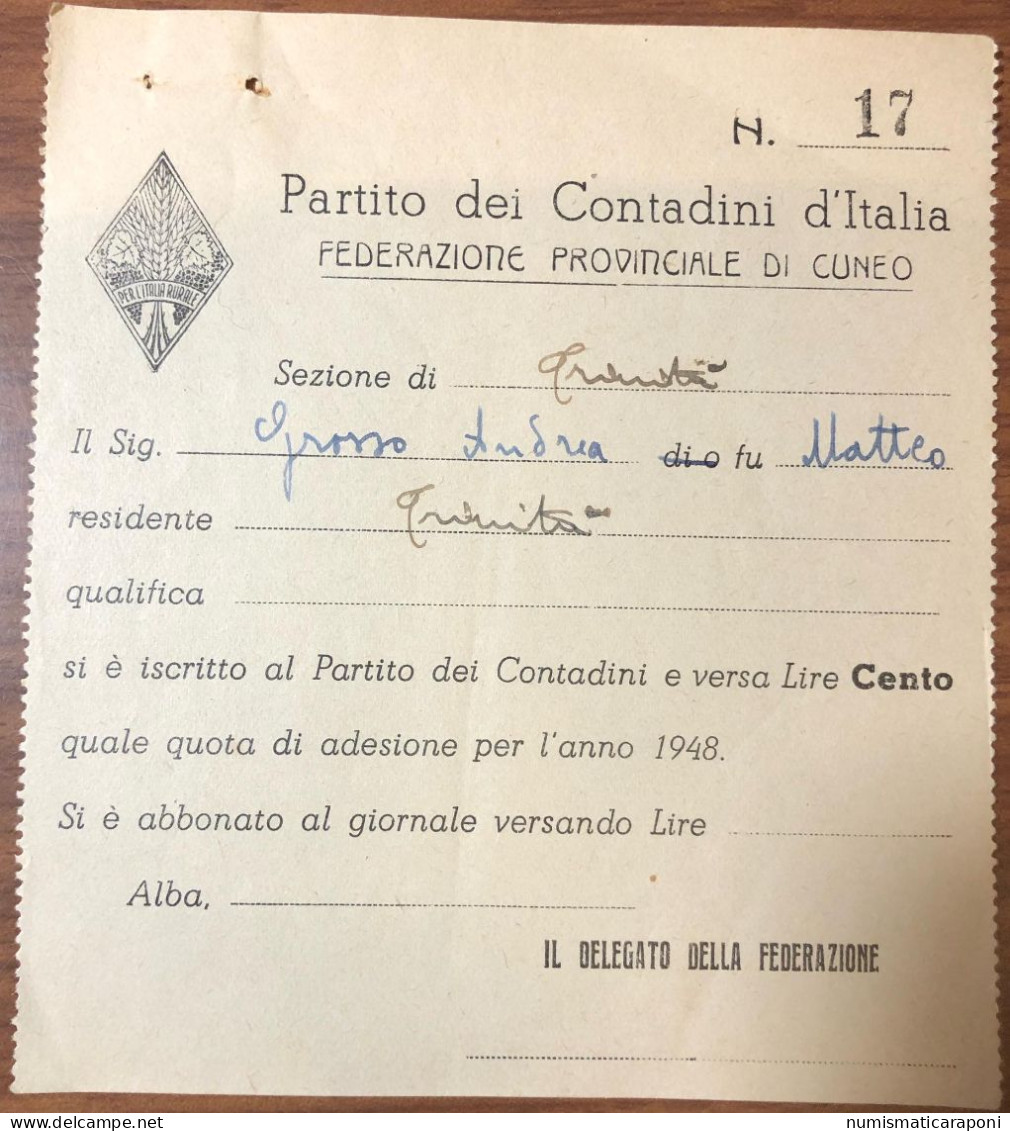 BUONO PARTITO DEI CONTADINI D' ITALIA FEDERAZIONE PROVINCIALE DI CUNEO 1948 Lotto.629 - Autres & Non Classés