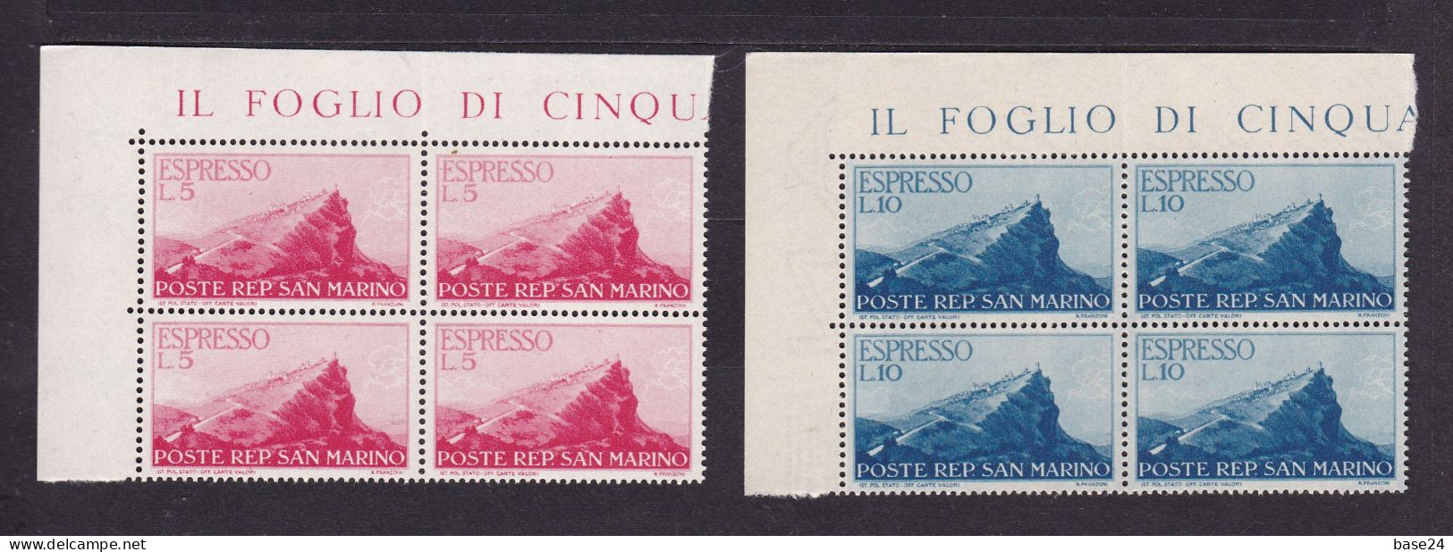 1945-46 San Marino Saint Marin ESPRESSI EXPRESS ESPRESSO 4 Serie Di 2 Valori MNH** Quartina, Block 4 - Express Letter Stamps