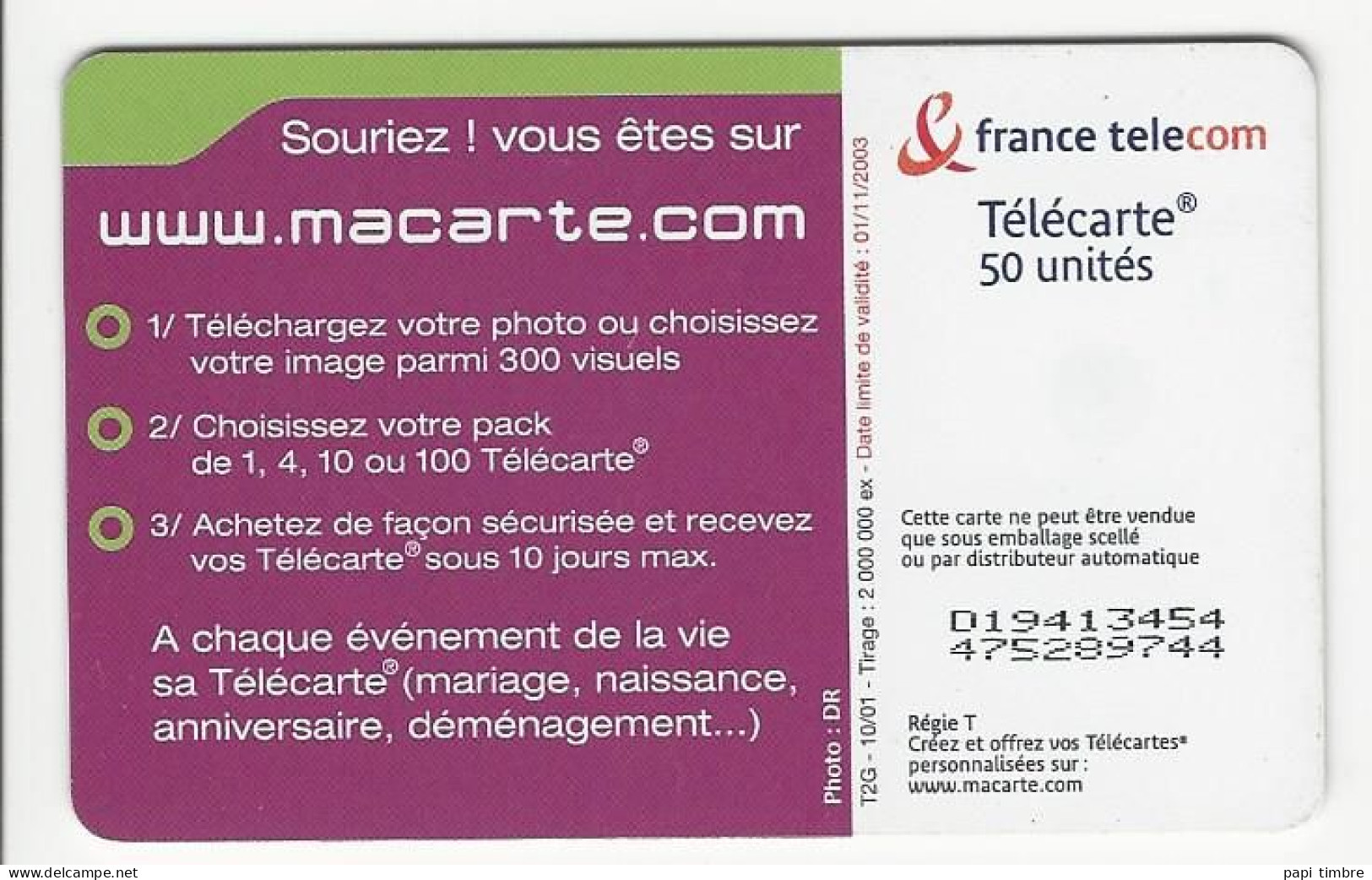 Télécarte "macarte.com" Je Crée Ma Télécarte à Mon Image - 50 Unités - Personnages