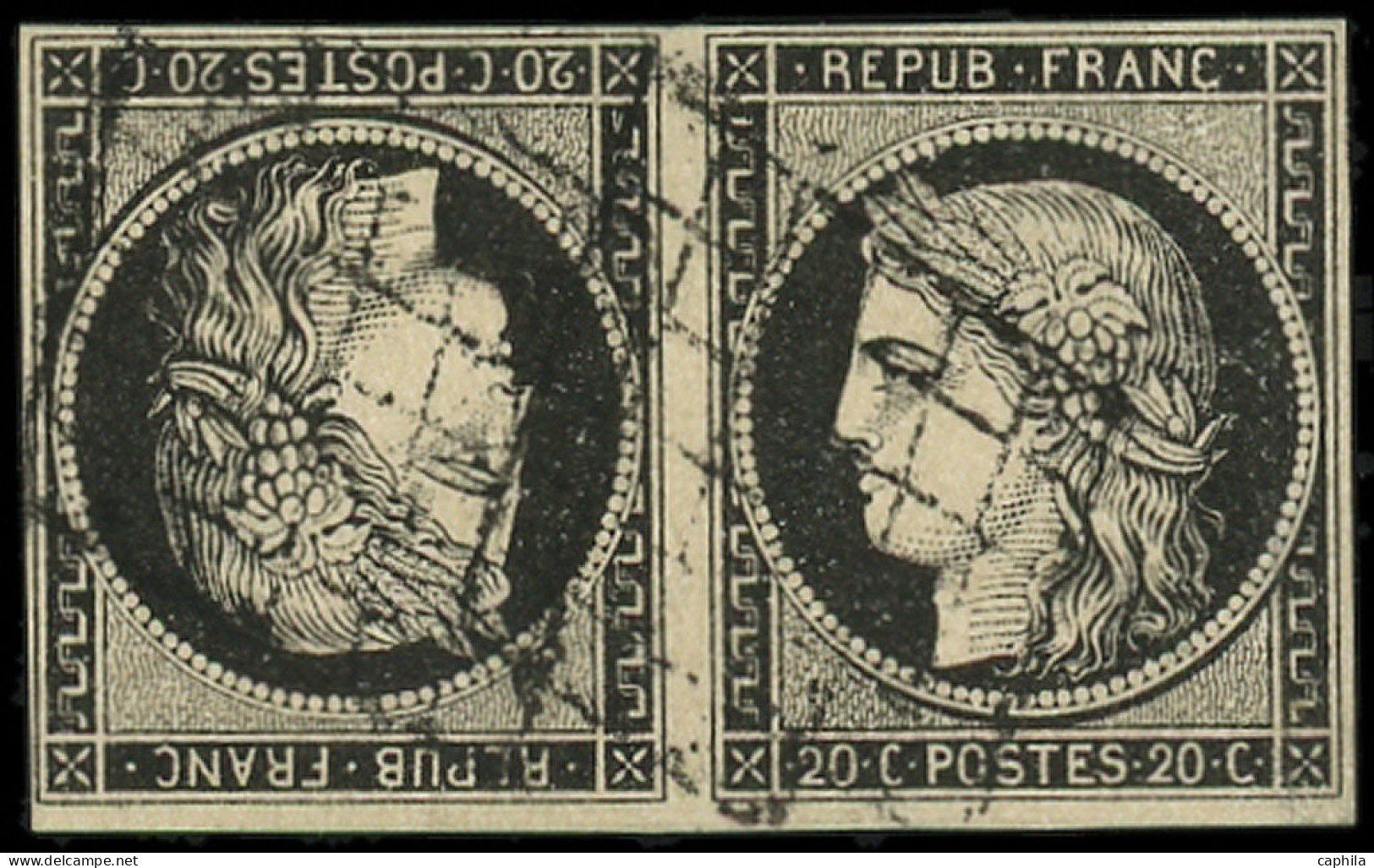 O FRANCE - Poste - 3e, Paire Tête-bêche, Signée Brun, Calves Et Scheller, TB: 20c. Noir Sur Blanc - 1849-1850 Cérès