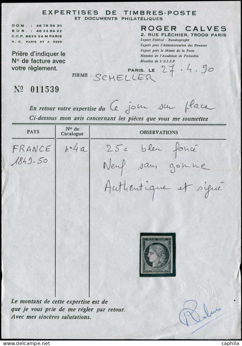 (*) FRANCE - Poste - 4a, Marges Intactes, Signé + Certificat Calves: 25c. Bleu Foncé - 1849-1850 Cérès