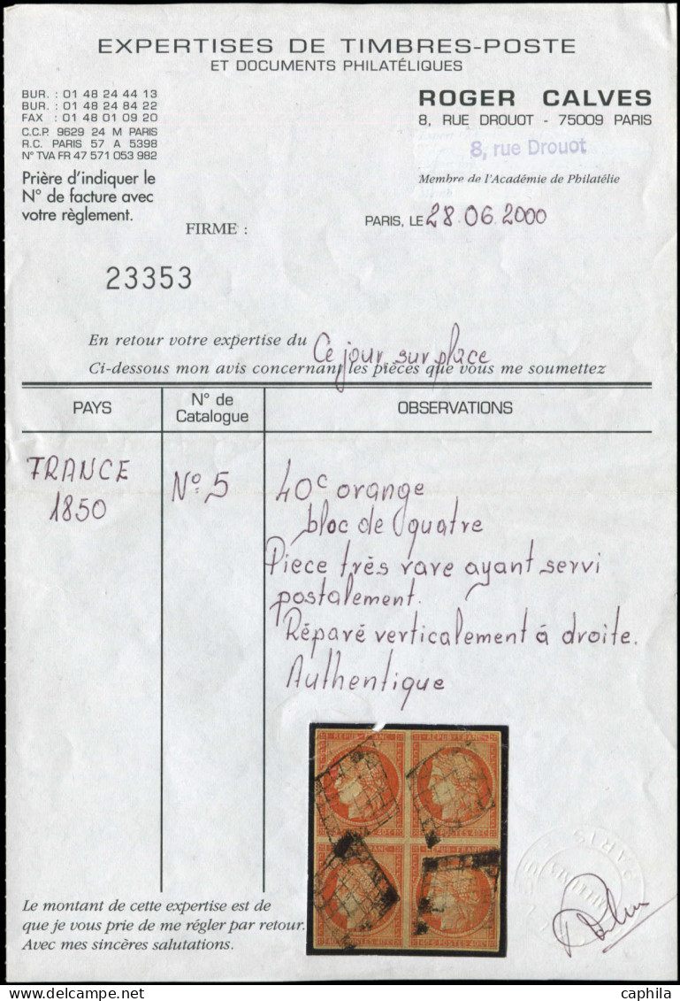 O FRANCE - Poste - 5, Bloc De 4, Aminci Sur Les 2 Ex. Du Haut + Réparé Verticalement à Droite, Certificat Calves: 40c. O - 1849-1850 Cérès