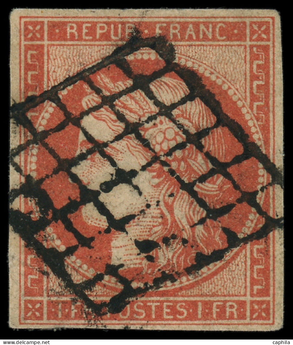 O FRANCE - Poste - 7, Oblitération Grille, Signé Brun + Certificat Scheller (infime Pelurage): 1f. Vermillon - 1849-1850 Cérès