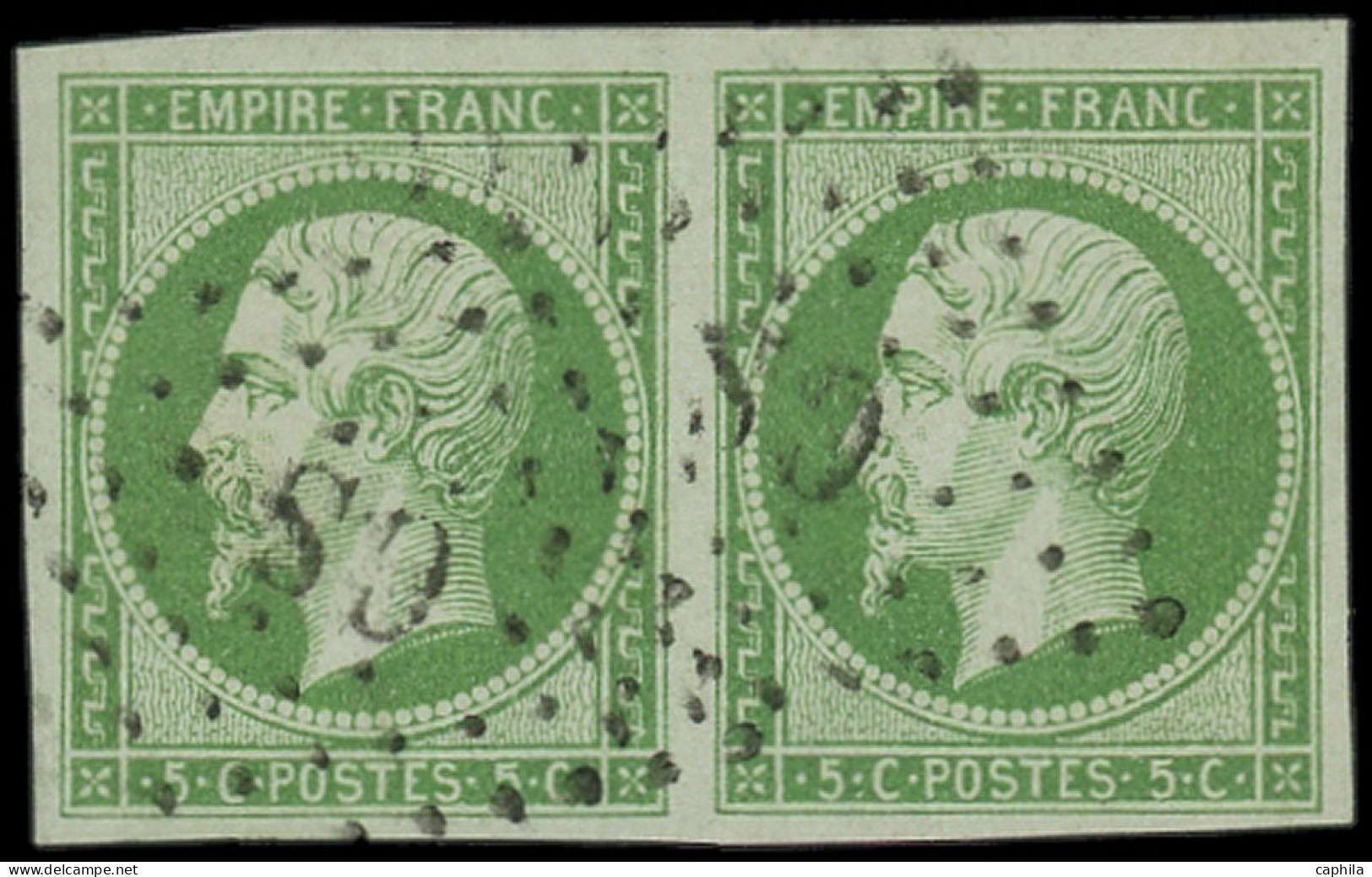 O FRANCE - Poste - 12, Paire Horizontale, Très Belles Marges, Cachet "CS", Signé Cotin: 5c. Vert - 1853-1860 Napoléon III.