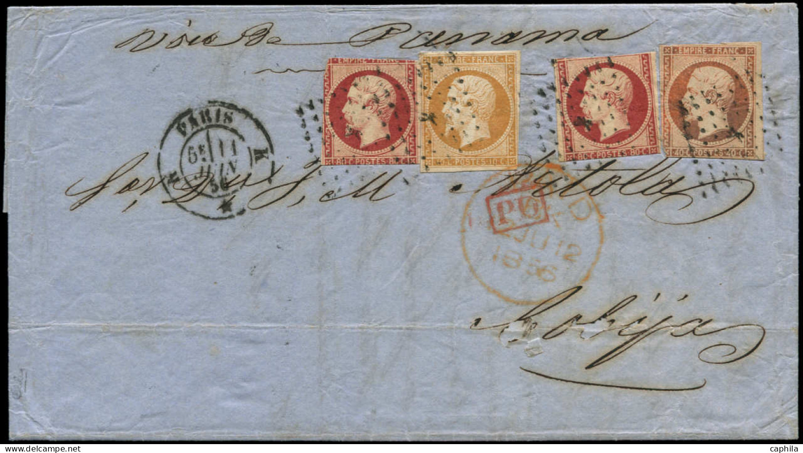 LET FRANCE - Poste - 17A (x2) + 13A + 16, Afft. à 2.10, Tricolore Pour La Bolivie, Env. Paris 11/6/1856 Voie Panama, Sig - 1849-1876: Période Classique