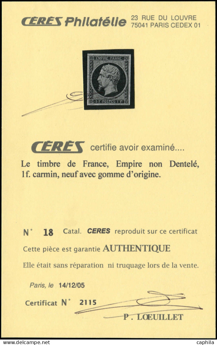 * FRANCE - Poste - 18, Signé Calves + Certificat Cérès: 1f. Carmin - 1853-1860 Napoleone III