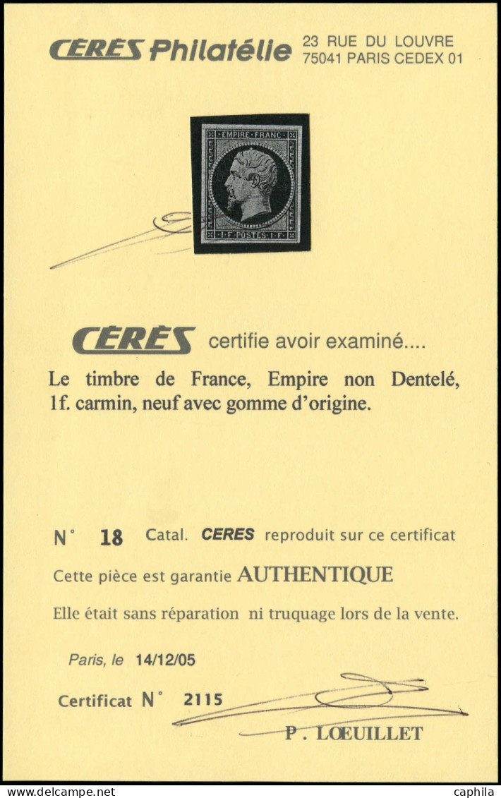 * FRANCE - Poste - 18, Signé Calves + Certificat Cérès: 1f. Carmin - 1853-1860 Napoleon III