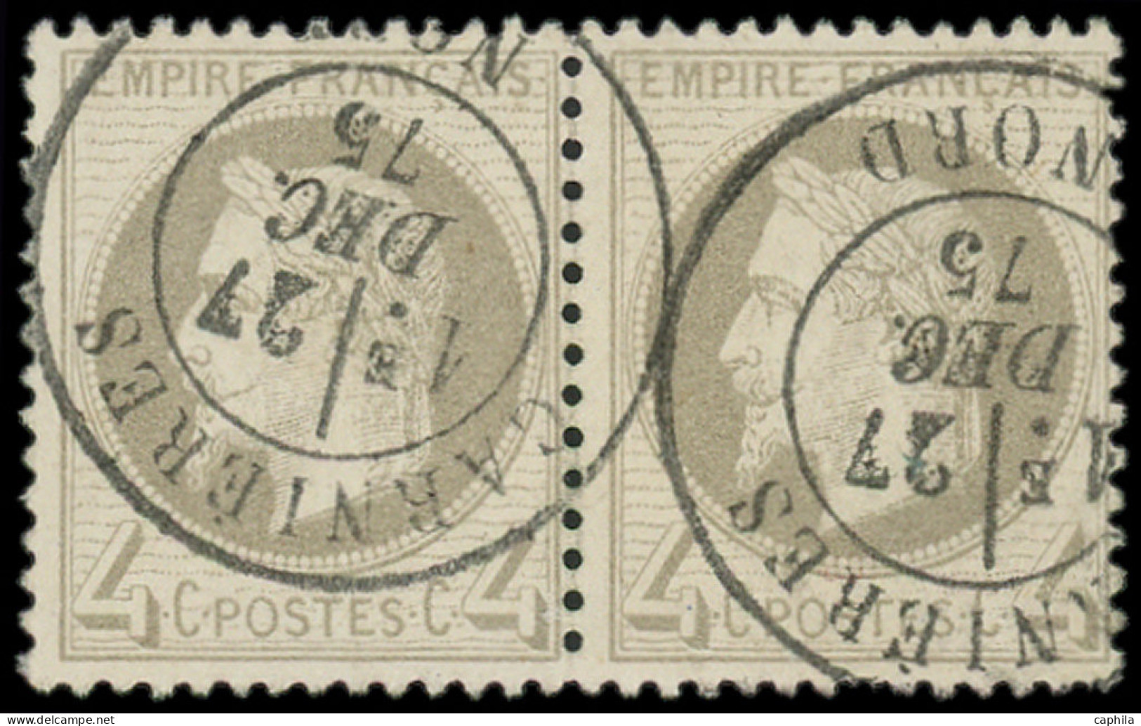 O FRANCE - Poste - 27B, Paire Horizontale, Oblitération Cad T18 CARNIERES 27/12/75, Superbe, Signée Cotin: 4c. Gris - 1863-1870 Napoléon III. Laure