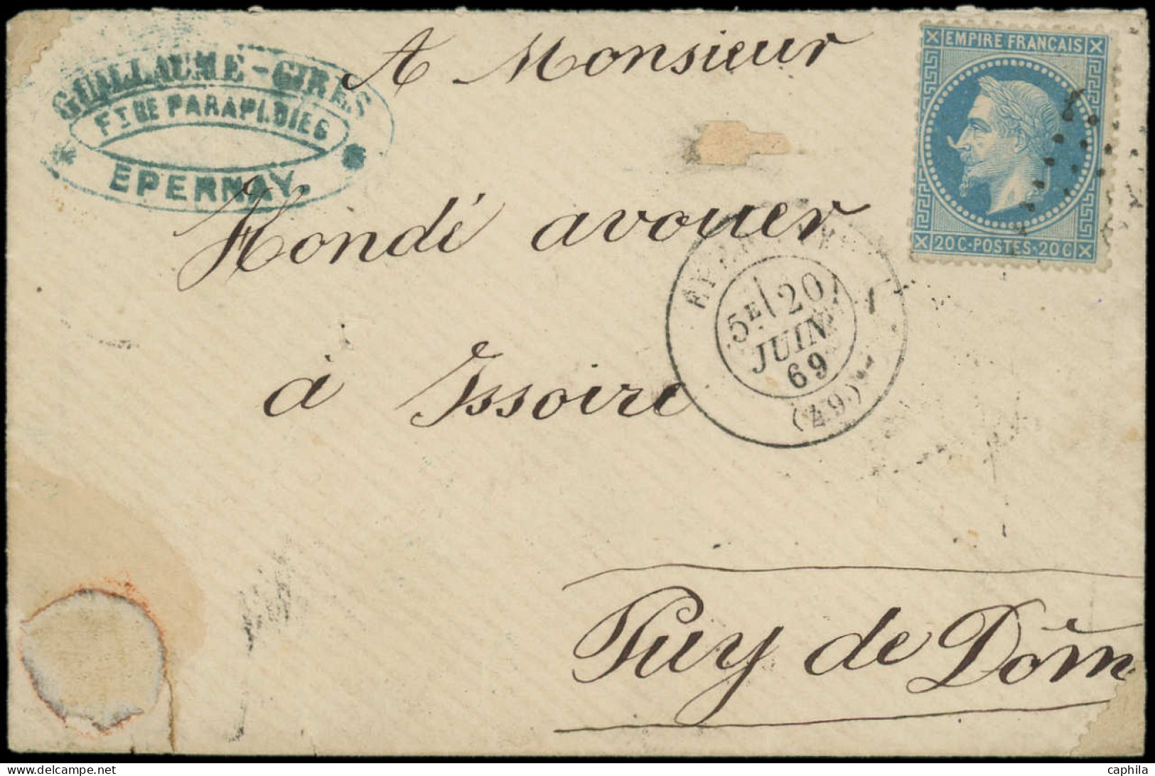 LET FRANCE - Poste - 29Bb, "à La Corne" Sur Lettre Du 20/6/69: 20c. Bleu - 1849-1876: Klassieke Periode